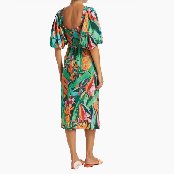 FARM Rio | NWT Banana & Foliage Print Puff Sleeve Midi Dress, Size S ๐ง๐ท - Picture 5 of 15
